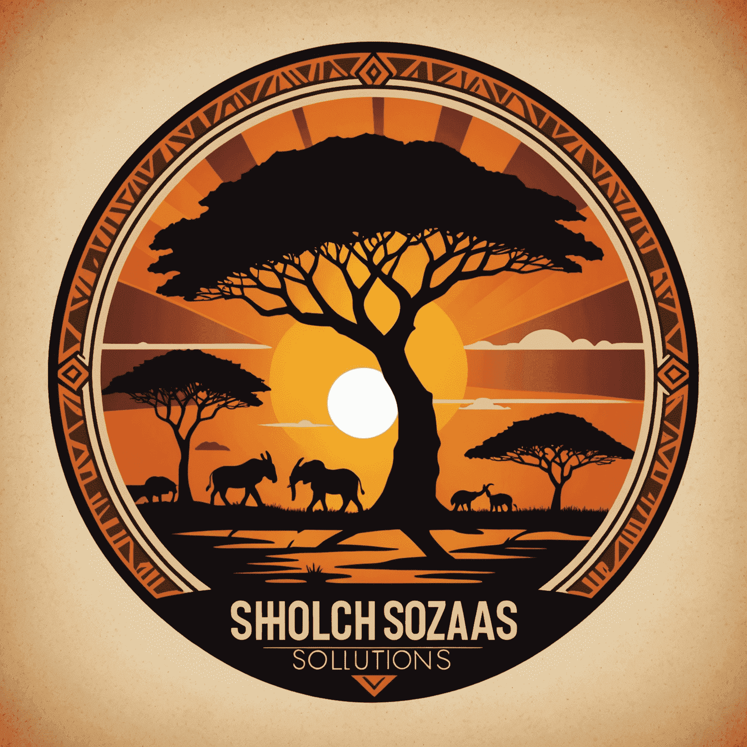 ShosholozaSolutions logo featuring a stylized African sunset with IT-related symbols