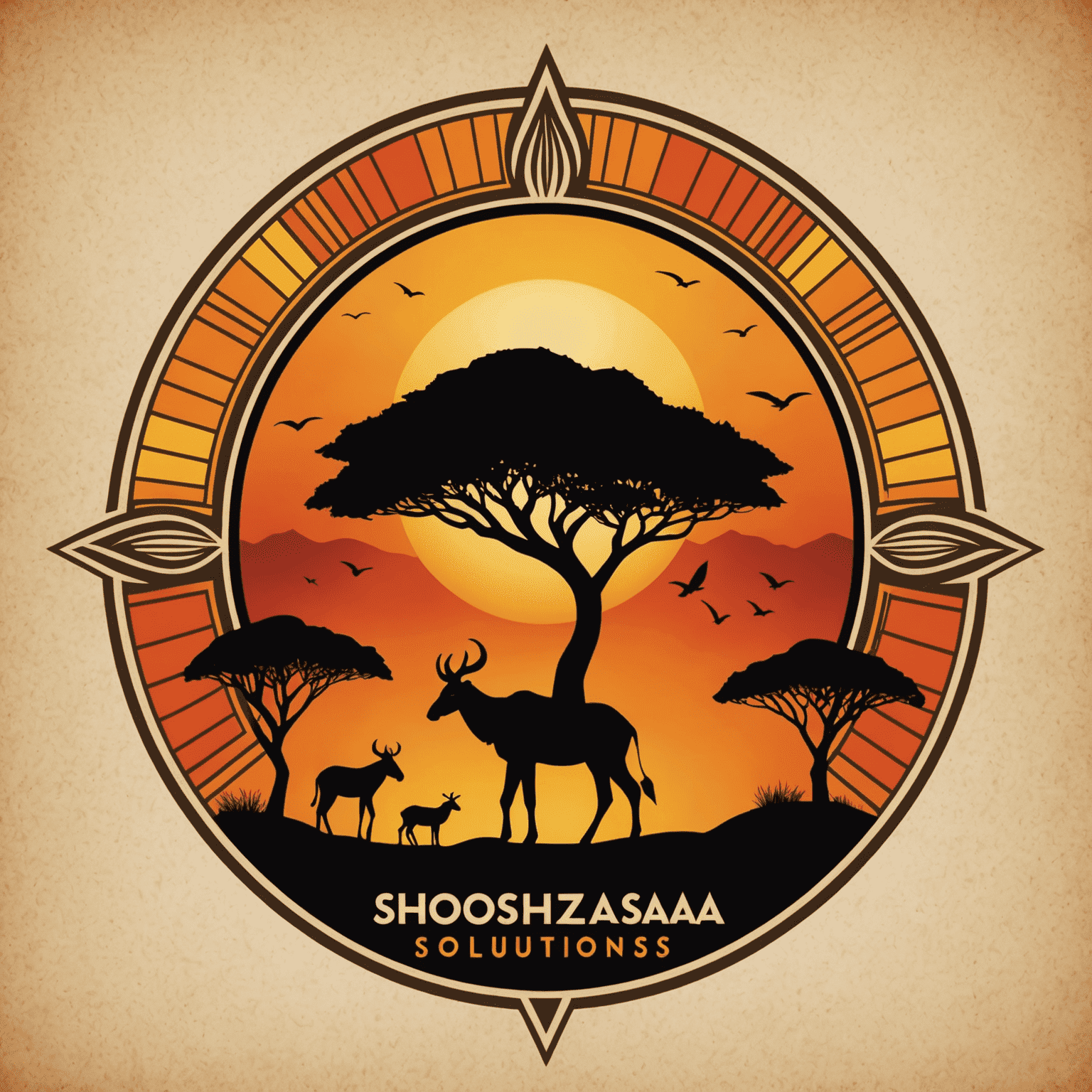 ShosholozaSolutions logo featuring a stylized African sunset with IT-related symbols