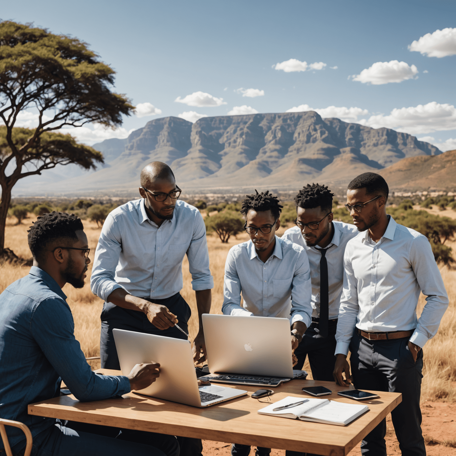 A team of diverse IT professionals collaborating on a project, showcasing various technological devices and a backdrop of the South African landscape