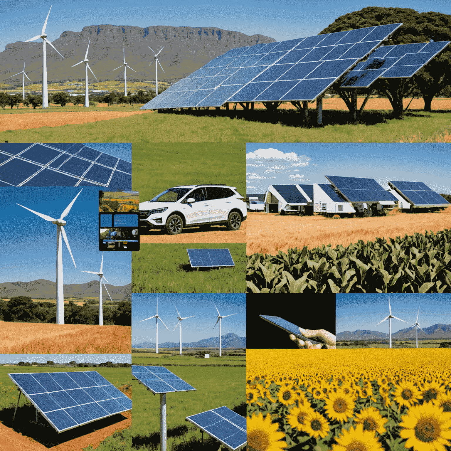 A collage showcasing various tech innovations in South Africa, including mobile apps, renewable energy solutions, and advanced agricultural technology