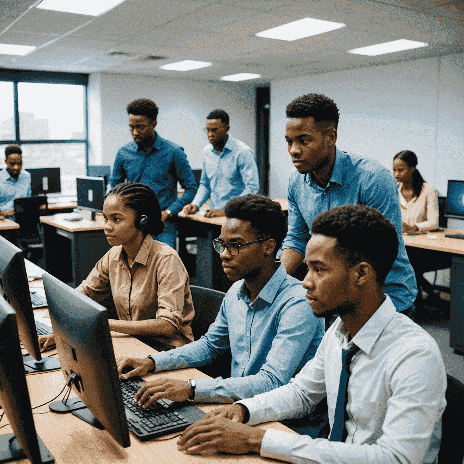 Group of diverse South African students working on computers in a modern IT lab, with an instructor guiding them