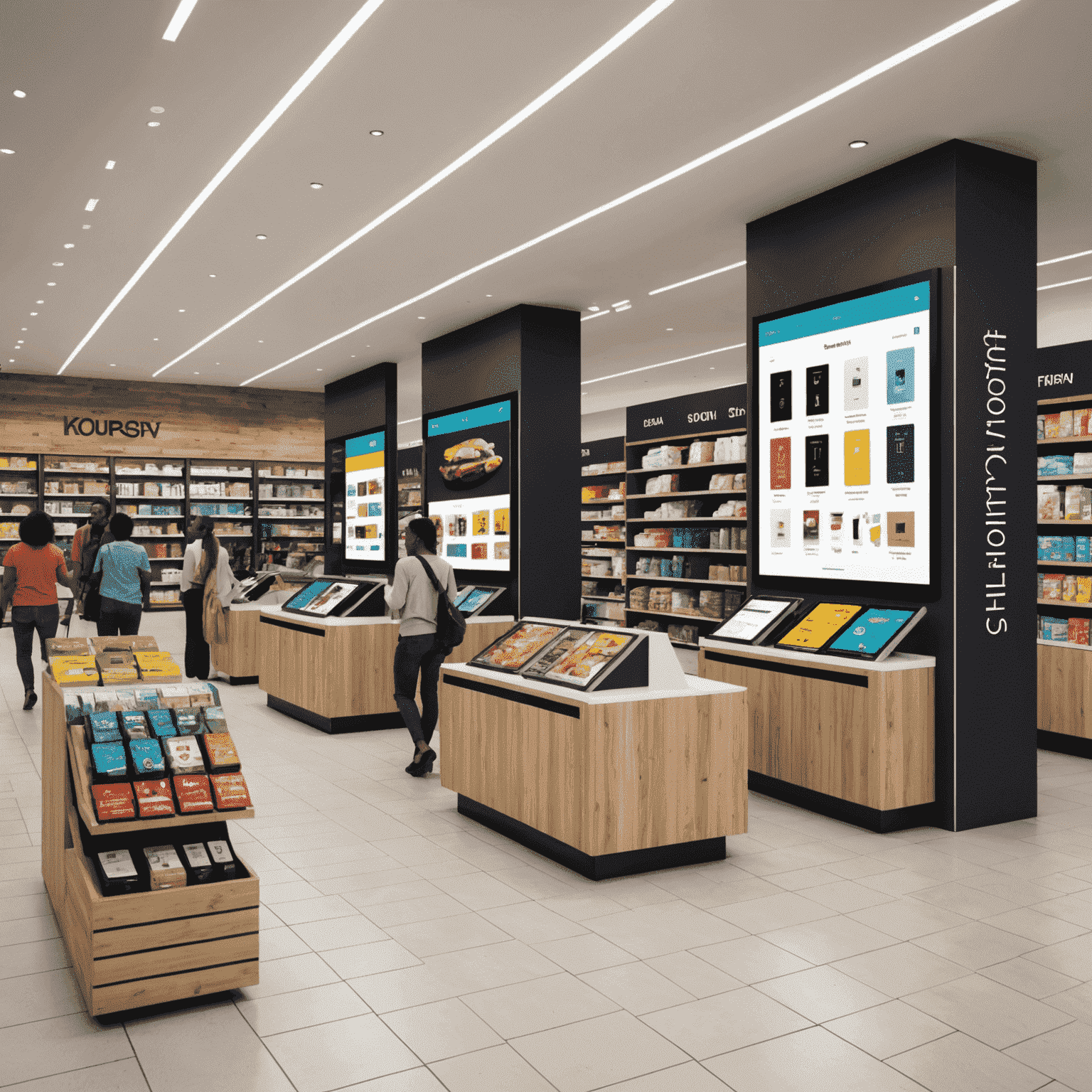 A large South African retail store with digital kiosks and customers using mobile apps for shopping