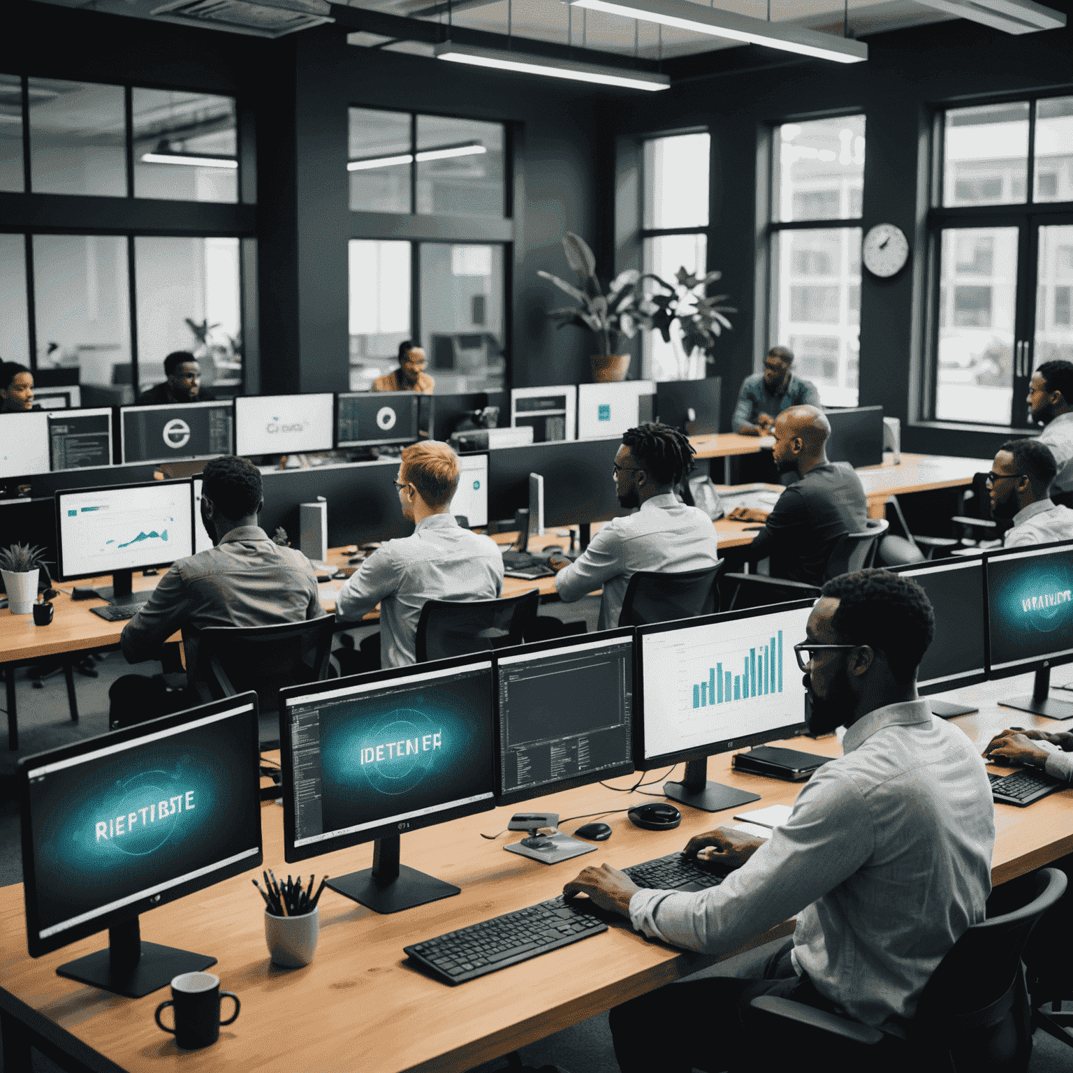 A team of diverse South African web developers collaborating on a project, surrounded by modern office equipment and multiple computer screens displaying website mockups