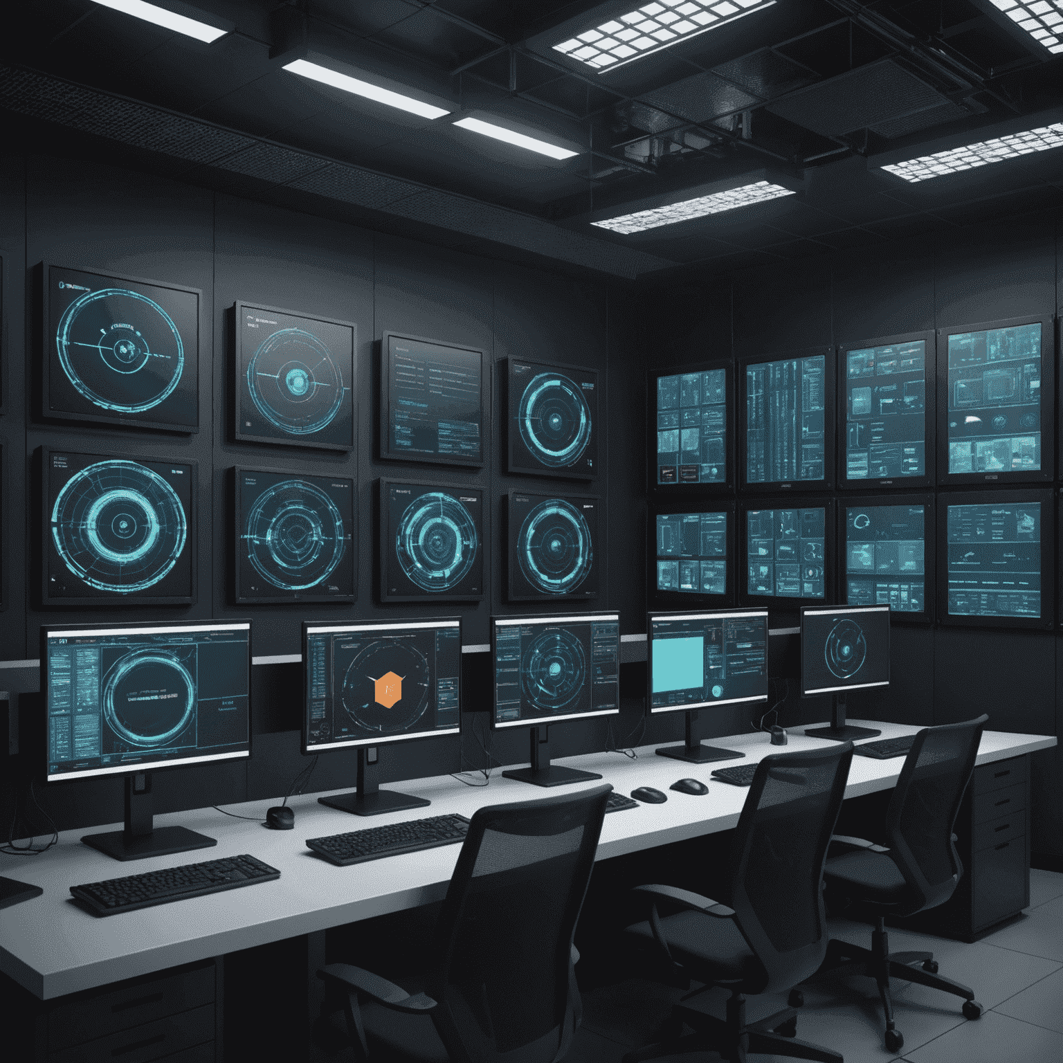 A secure server room with advanced cybersecurity systems, showing multiple screens displaying real-time threat monitoring and firewalls in action. The image conveys a sense of high-tech protection and vigilance against cyber threats.