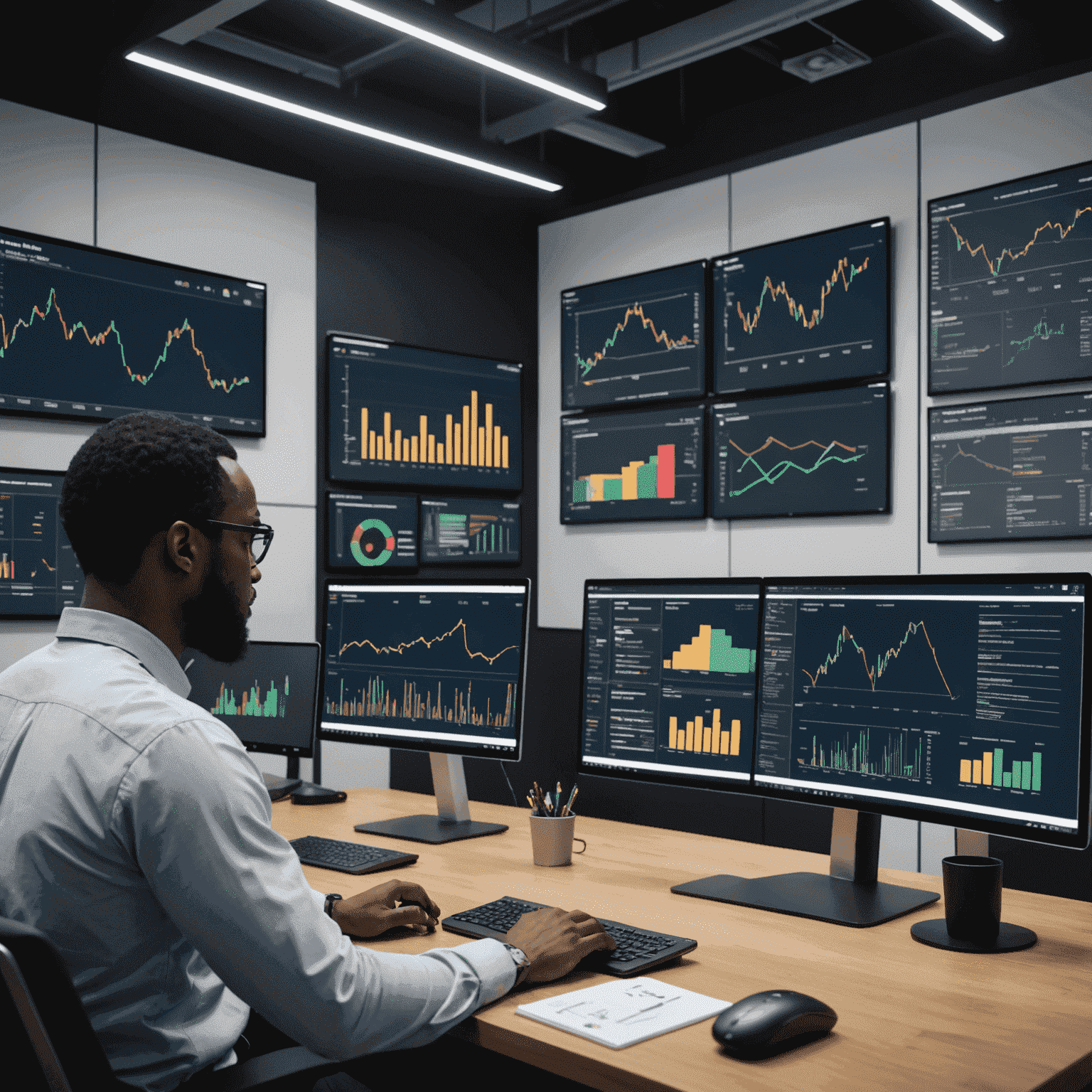 Data analyst team examining complex visualizations on large screens, showcasing advanced analytics tools in a modern South African office setting