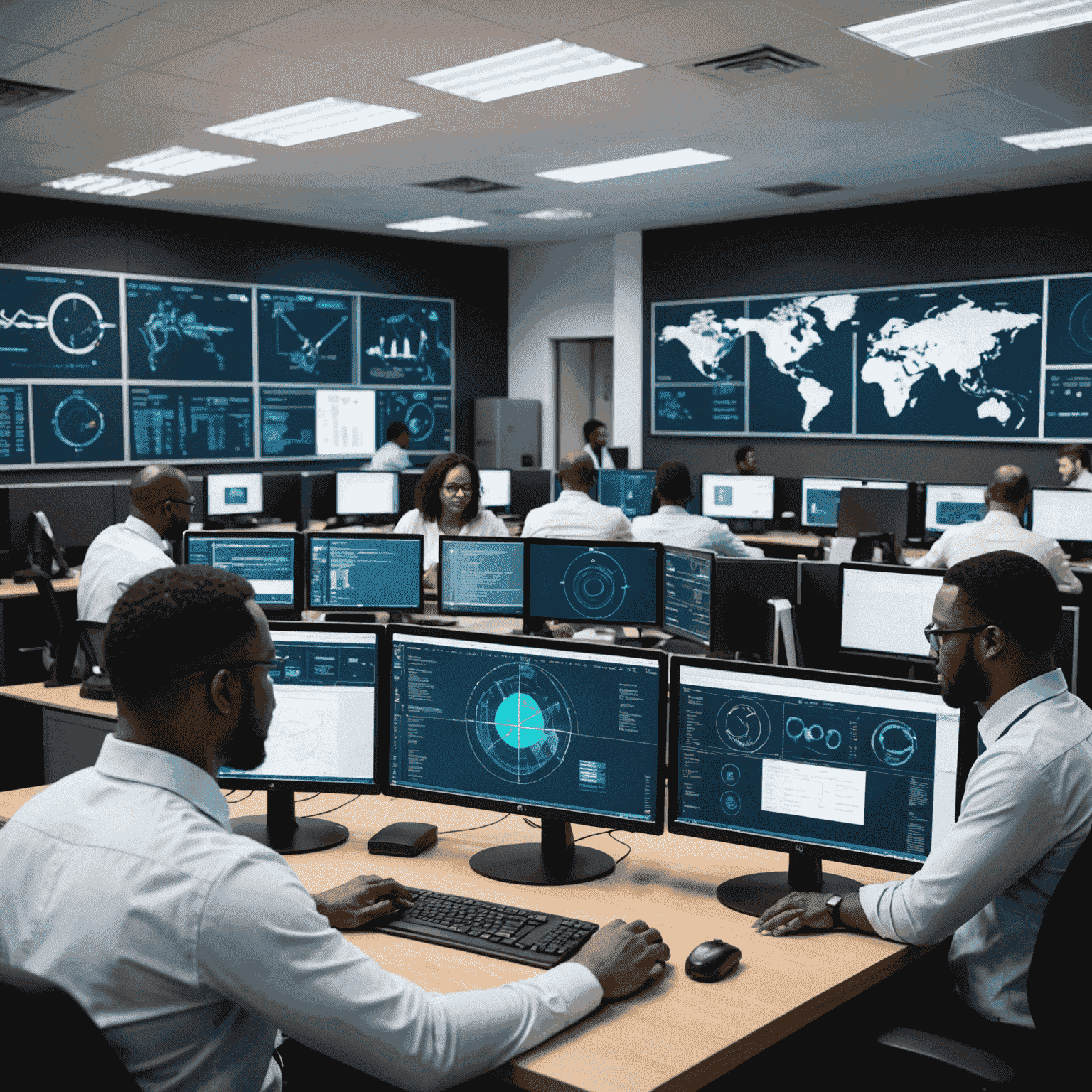 IT support team working in a modern office environment, with multiple screens displaying network diagrams and system monitoring tools. The team is diverse, representing South Africa's multicultural workforce.