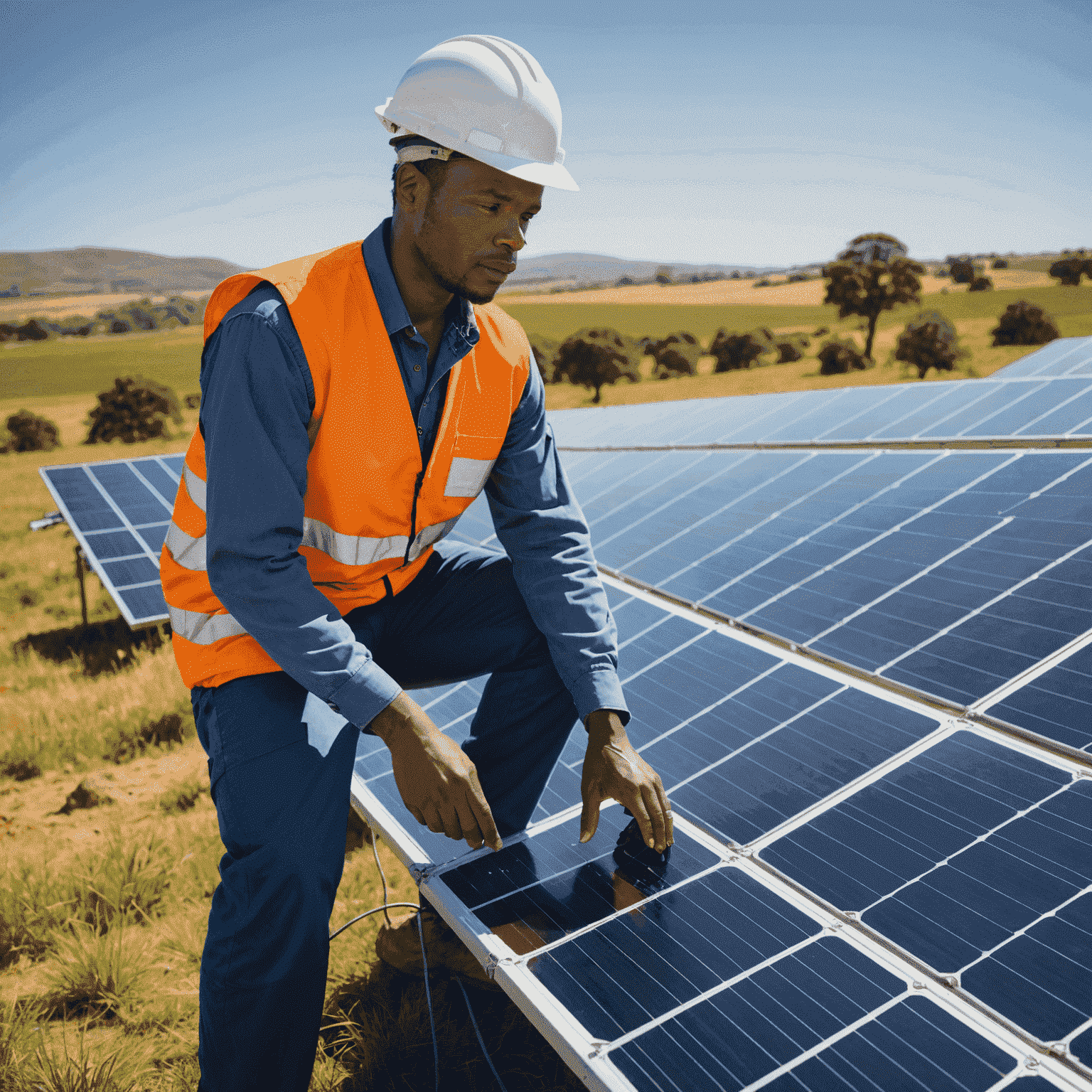 A South African engineer working on a large solar panel array in a sunny field