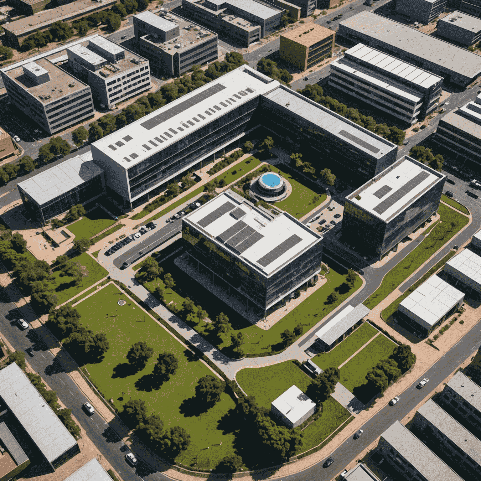 Aerial view of a modern tech hub in Johannesburg with collaborative spaces and state-of-the-art equipment