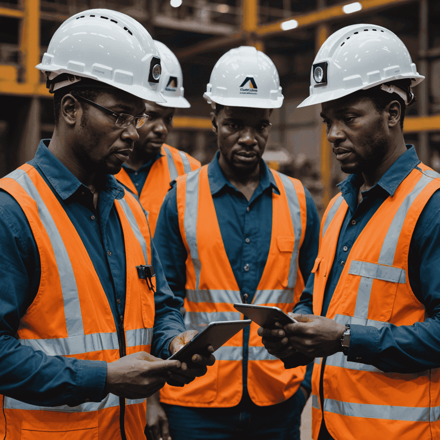 A modern South African mine with workers wearing smart helmets and using tablets for real-time data monitoring