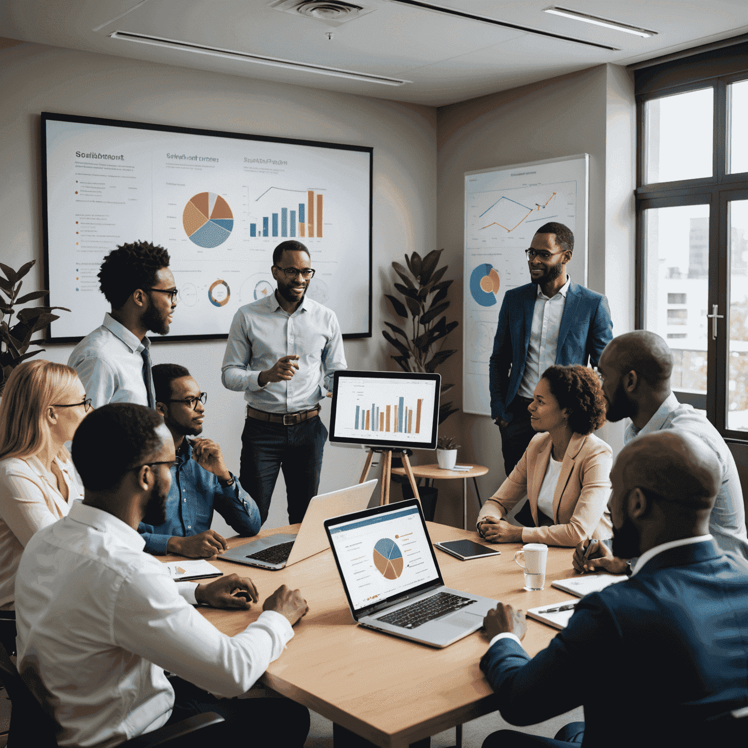 A diverse group of South African professionals in a meeting room, discussing web development strategies with diagrams and mockups displayed on a large screen