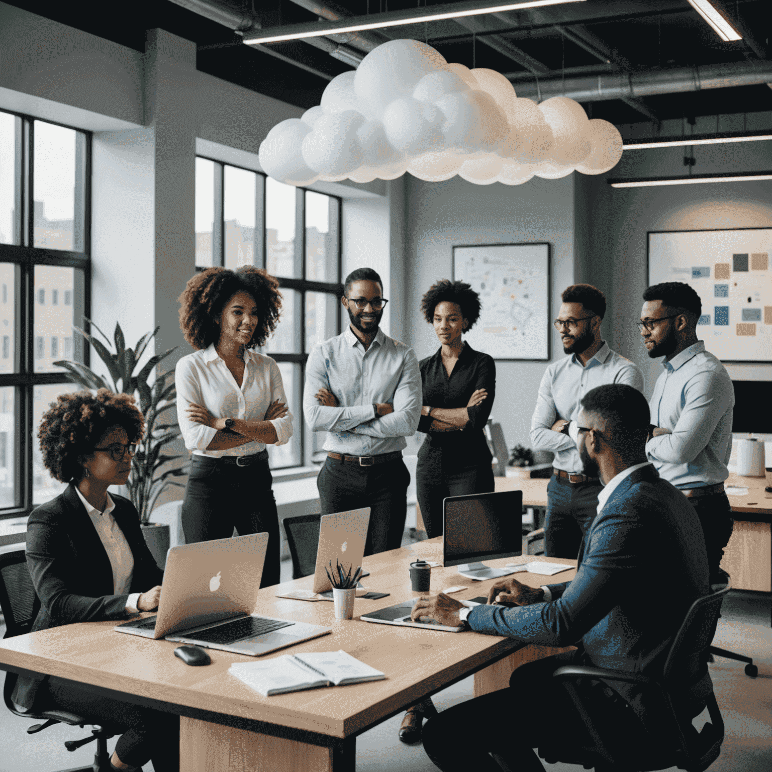 A team of diverse IT professionals collaborating in a modern office space, symbolizing skills development and leadership training in cloud technologies