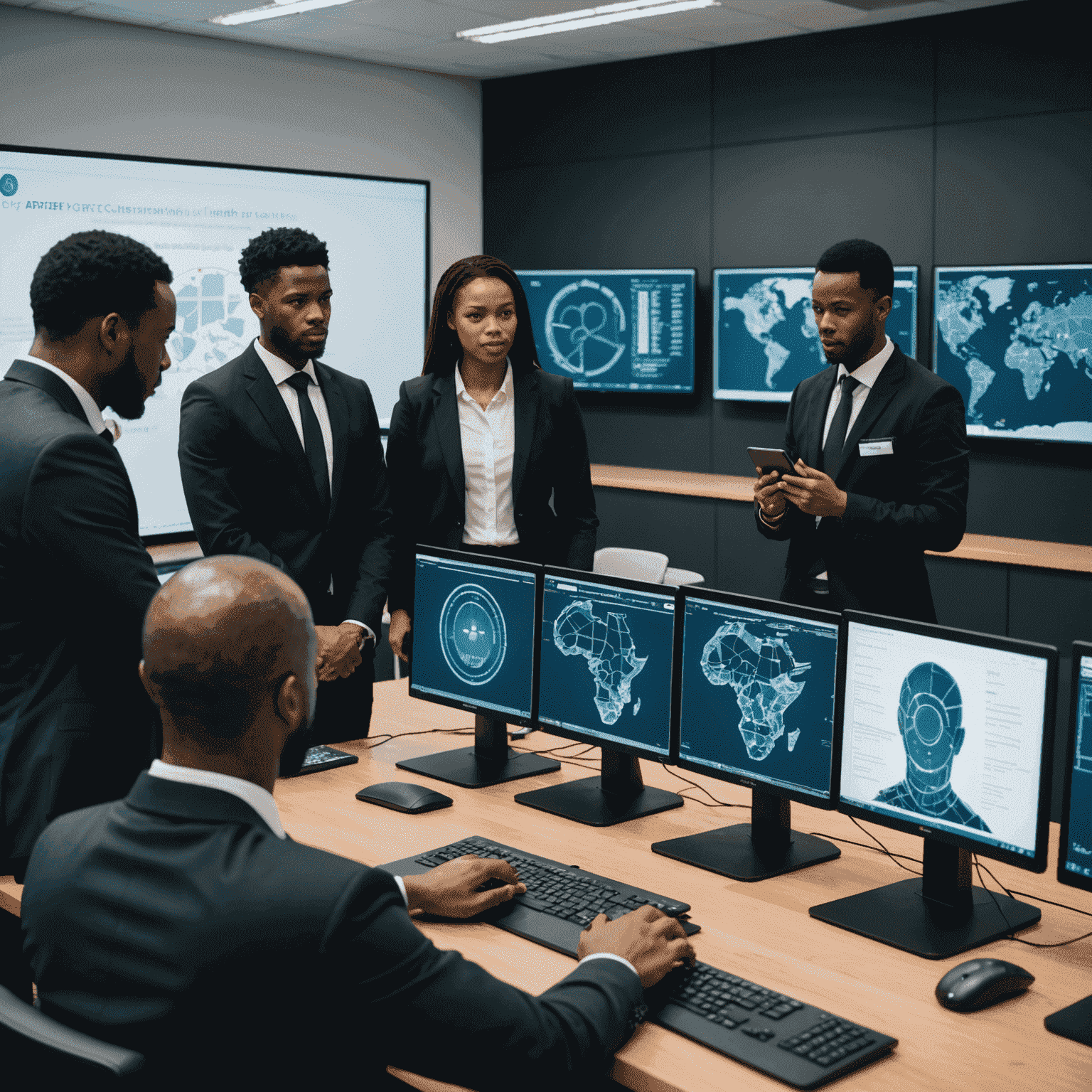 A diverse group of South African professionals engaged in a cybersecurity training session, with interactive displays showing various cyber threat scenarios and prevention techniques.