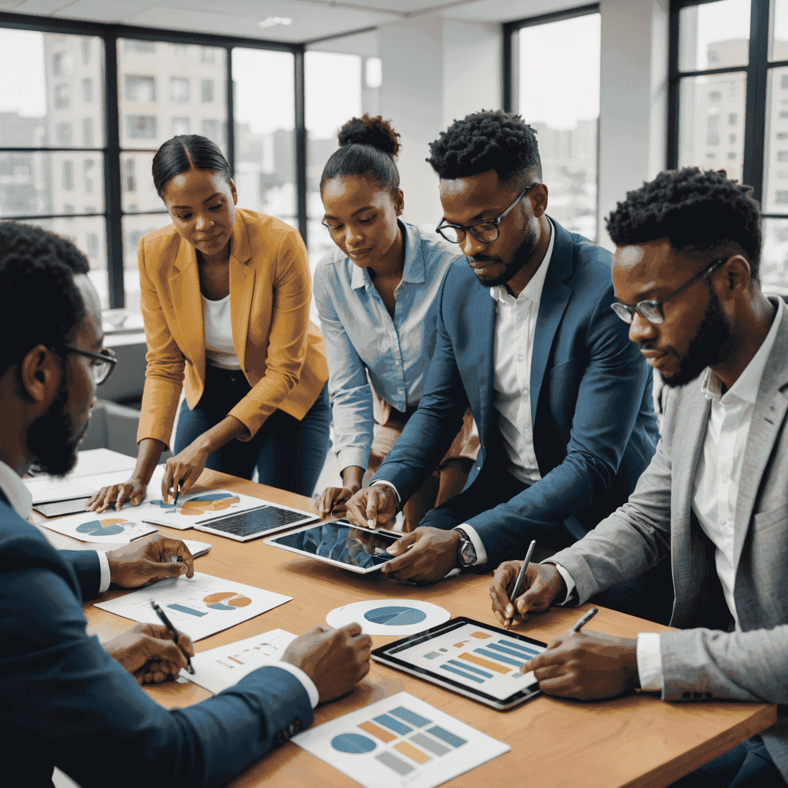 Diverse group of South African professionals engaged in a data analysis workshop, using tablets and laptops to interpret colorful charts and graphs