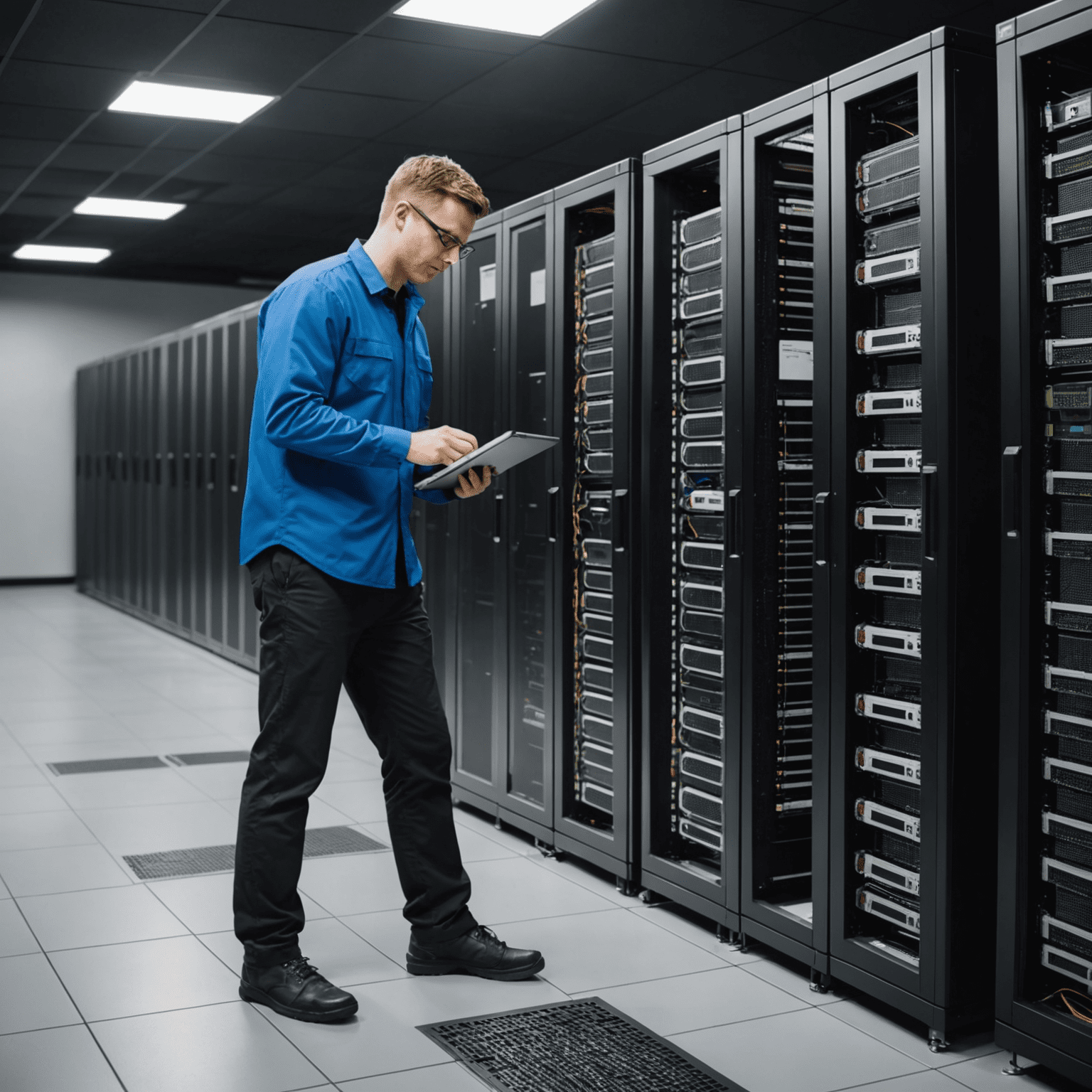 IT technician performing maintenance on server racks in a data center. The image showcases modern, clean facilities with state-of-the-art equipment, emphasizing the high-tech nature of IT infrastructure maintenance.