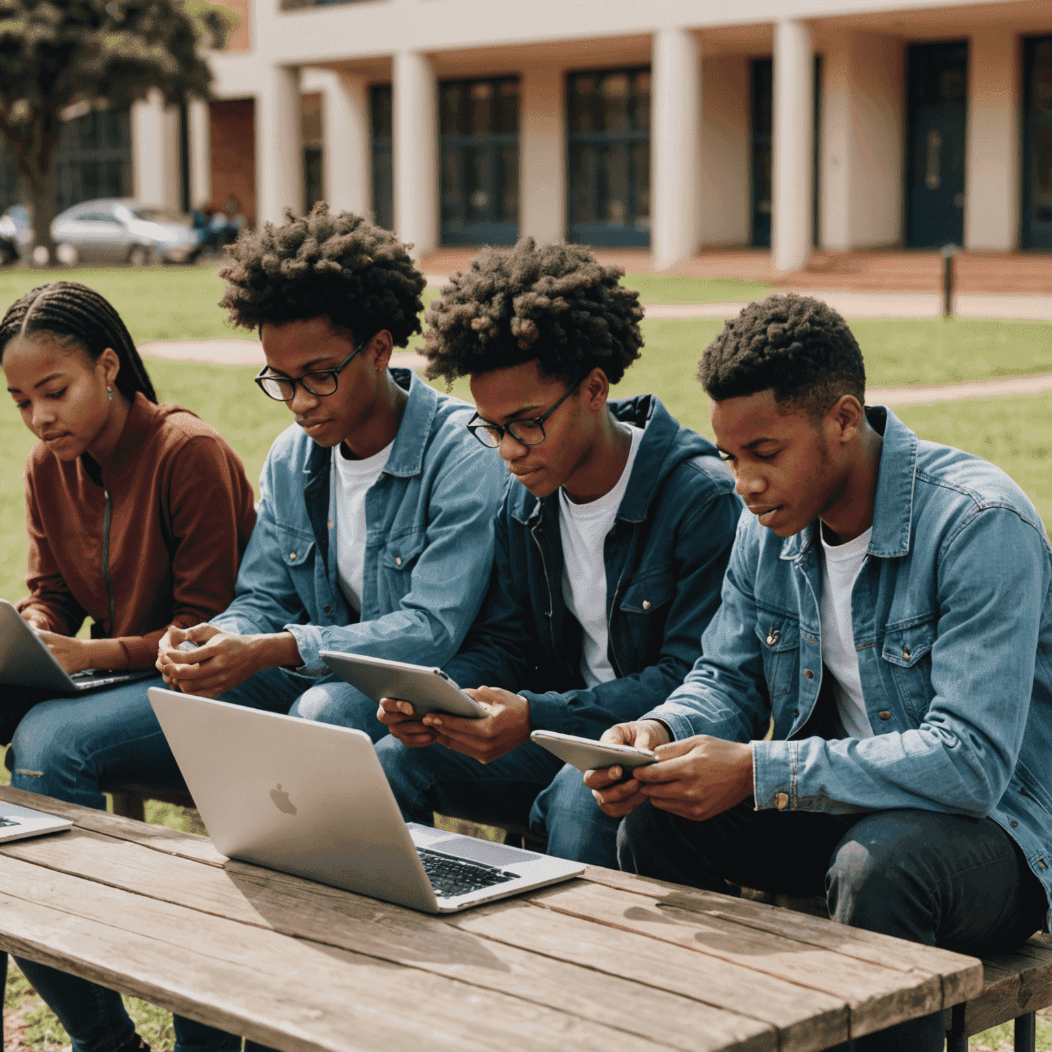 A diverse group of South African students using tablets and laptops, engaged in an online learning session