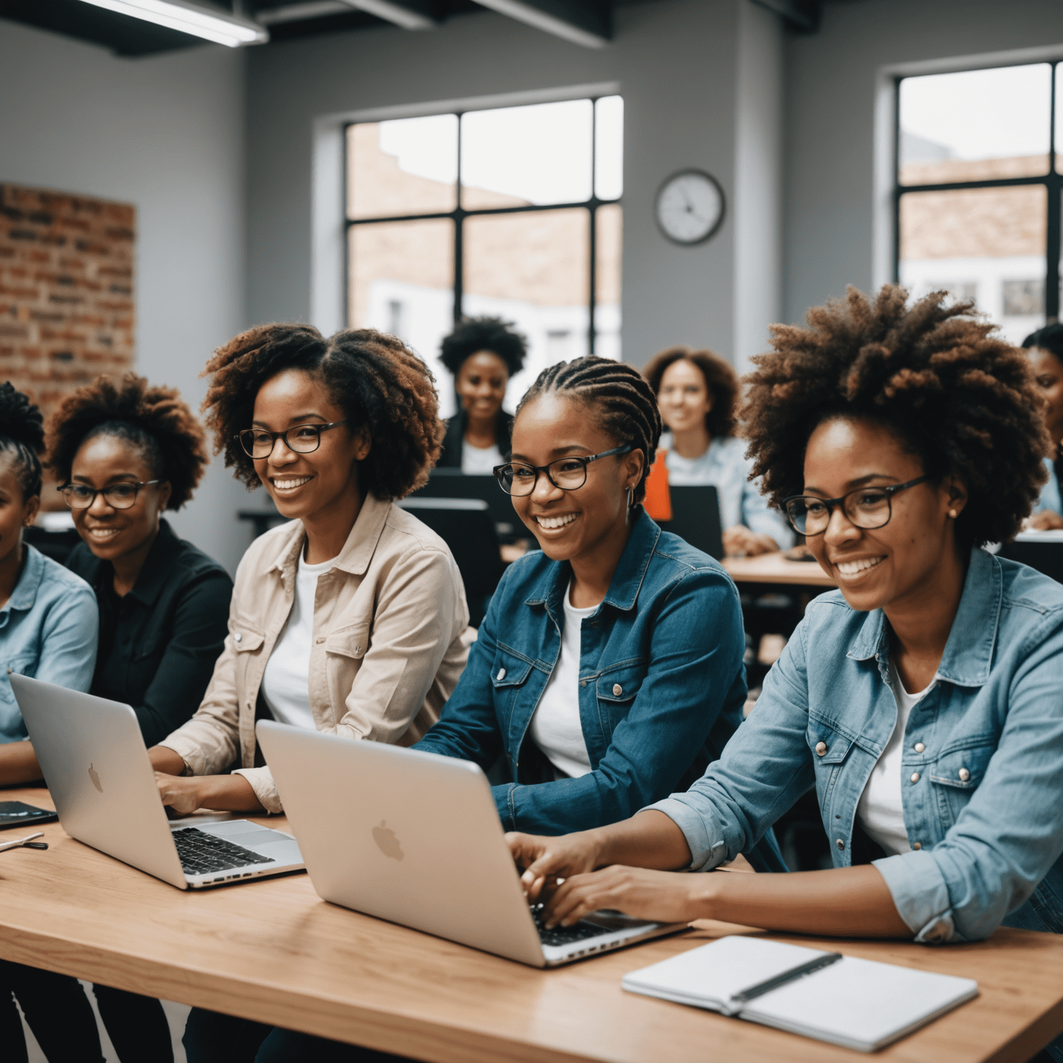 Diverse group of South African women participating in a coding workshop, with laptops and enthusiastic expressions