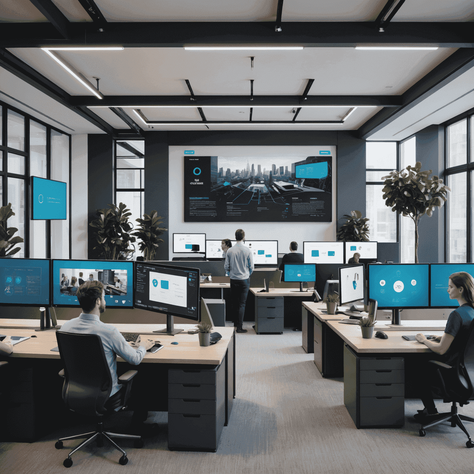 A modern office space with employees working alongside AI-powered chatbots displayed on large screens