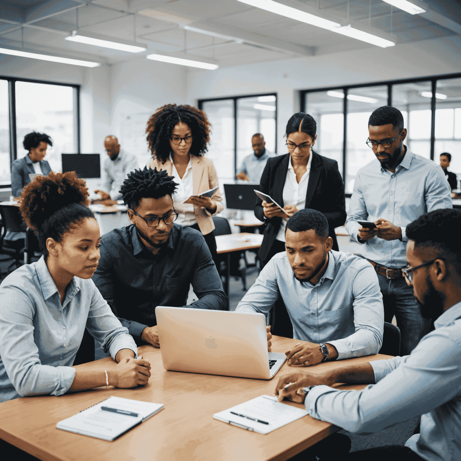 A diverse group of IT professionals engaged in a training session, with a mix of classroom-style learning and hands-on practical exercises. The image should reflect a collaborative and inclusive learning environment.