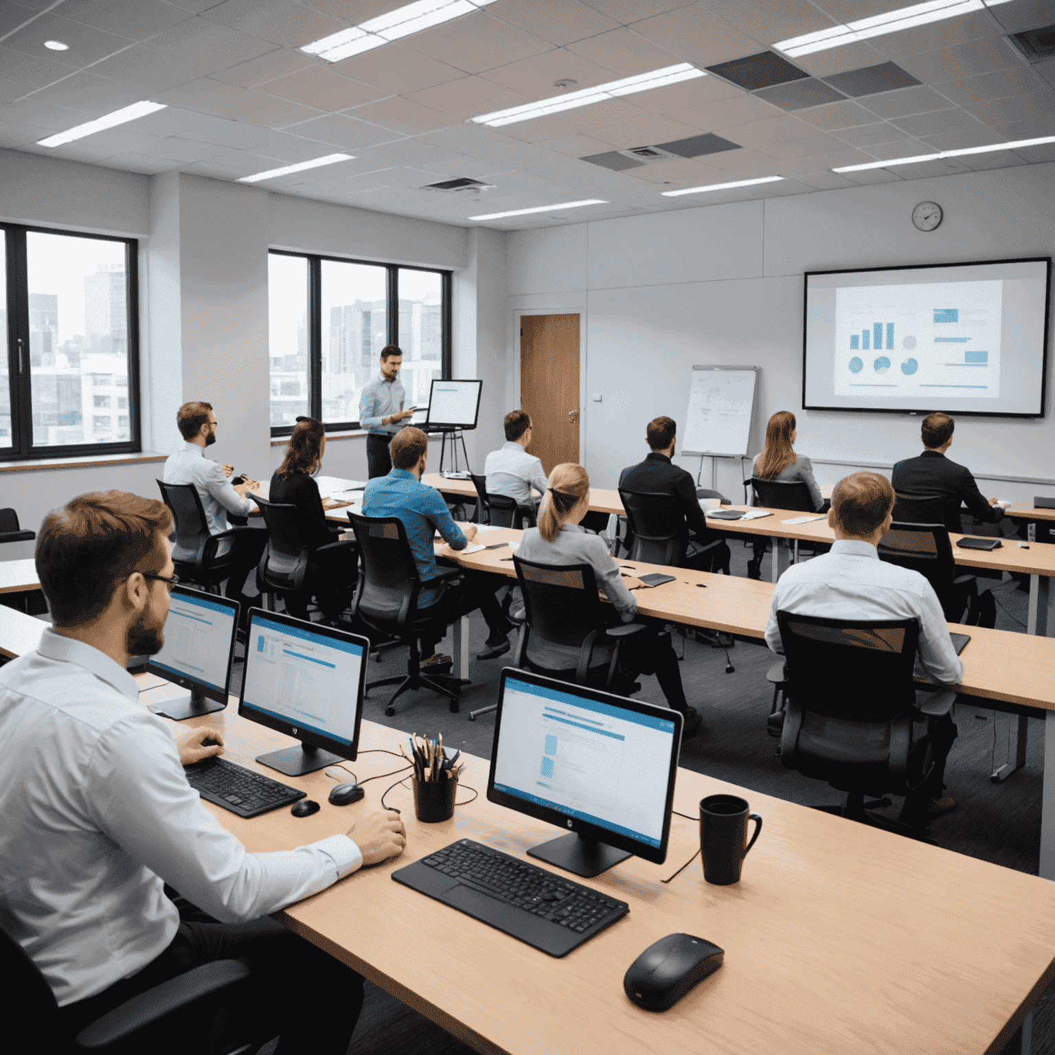 Corporate training room with employees engaged in an IT skills workshop, led by a professional trainer