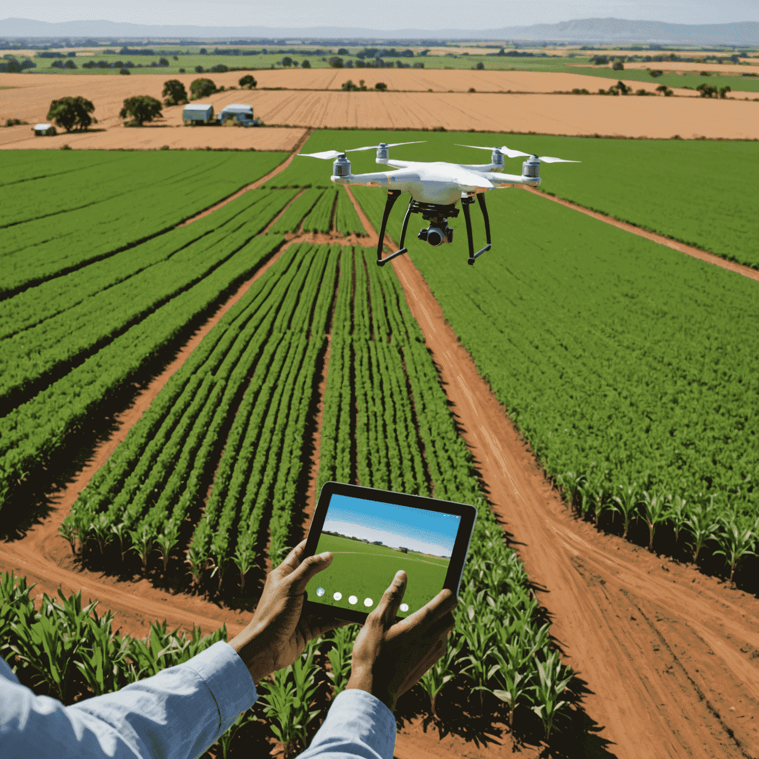 South African farmland with drones flying over crops and farmers using tablets for data analysis