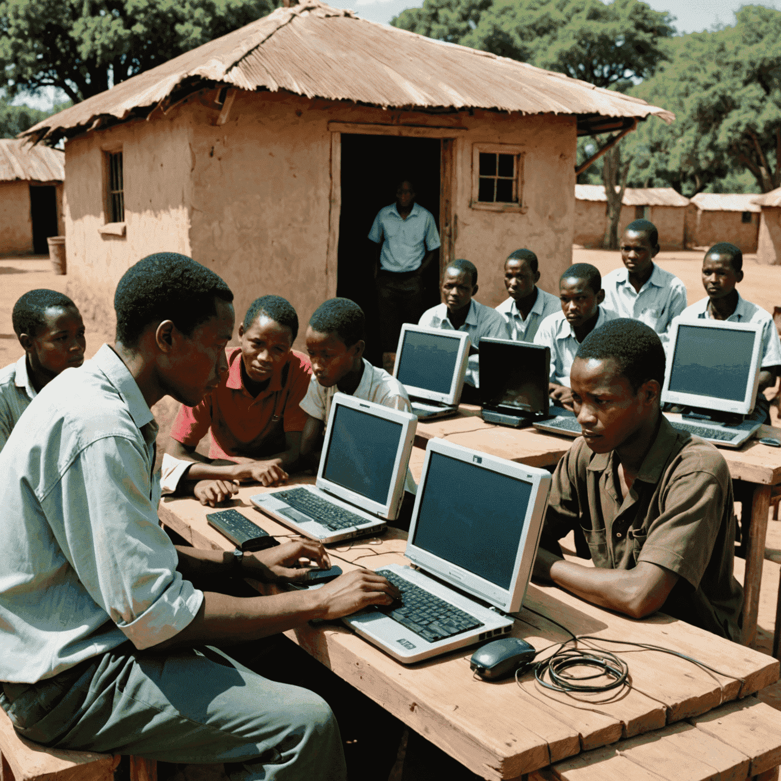 Mobile IT training unit in a rural South African village, with locals learning basic computer skills