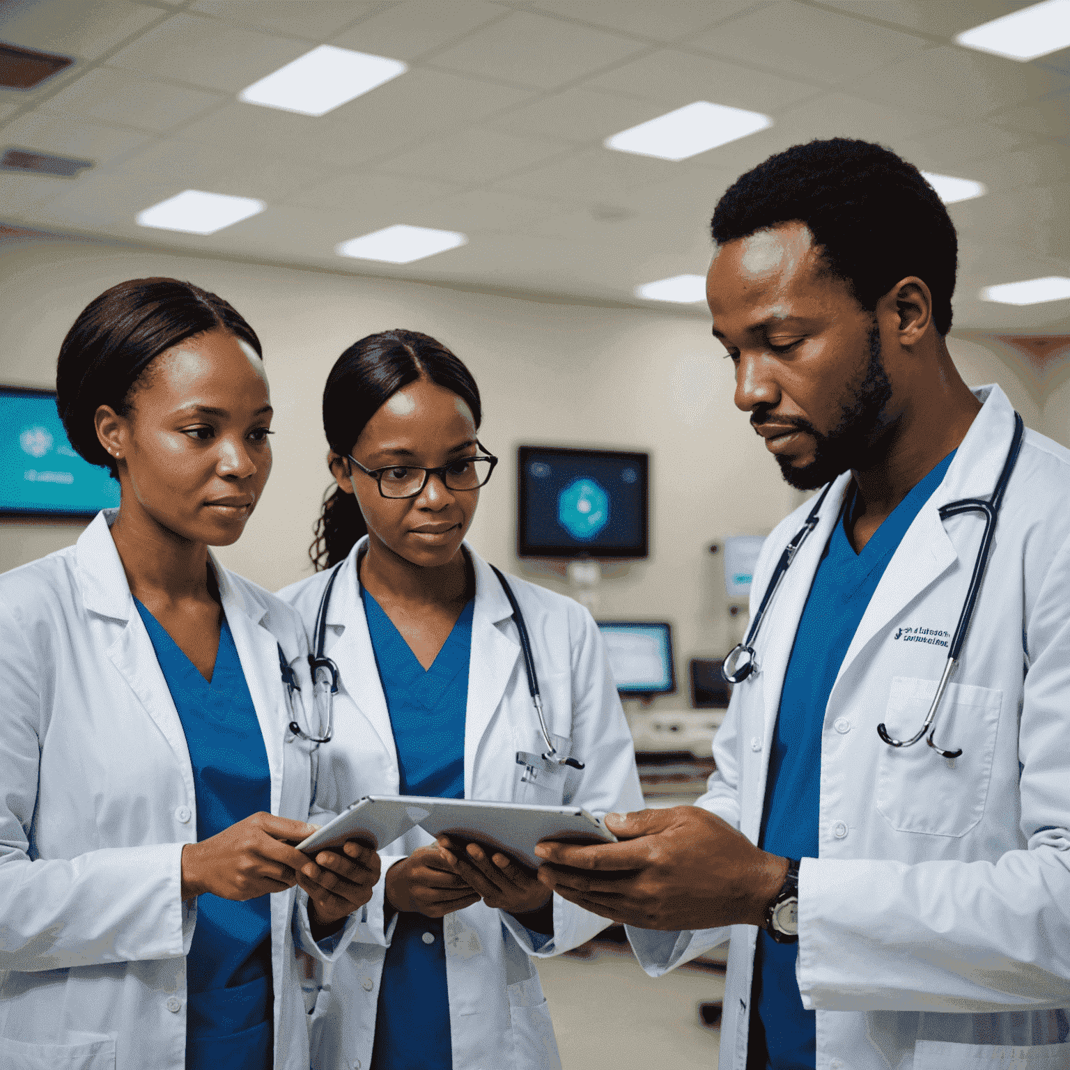 A modern South African hospital with doctors and nurses using tablets and accessing patient information on cloud-based systems